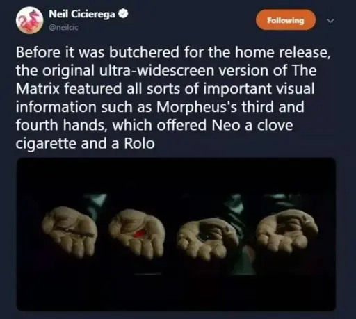 Before it was butchered for the home release, the original ultra-widescreen version of The Matrix featured all sorts of important visual information such as Morpheus's third and fourth hands, which offered Neo a clove cigarette and a Rolo
