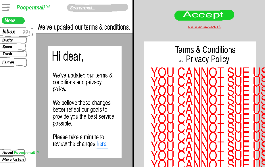FIRST IMAGE: digital drawing of "poopenmail" email inbox. An email titled "We've updated our terms and conditions" is currently open. The email reads "Hi dear, we've updated our terms and conditions and privacy policy. We believe these changes better reflect our goals to provide you the best service possible. Please take a minute to review the changes here." "here is a blue link. SECOND IMAGE: A page titled "Terms and conditions and privacy policy". In giant bright red text, it reads "You cannot sue us. You cannot sue us. You cannot sue us. You cannot sue us. You cannot sue us. You cannot sue us. You cannot sue us. You cannot sue us. You cannot sue us. You cannot sue us. You cannot sue us". At the top of the screen is a big green button labeled "accept" and a small red button labeled "delete account".