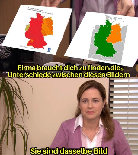 Firma braucht dich zu finden die Unterschiede zwischen diesen Bildern. Links ein Bild der aktuellen Warnlage des DWD für Deutschland. Rechts ein Bild der Deutschen Teilung von 1949 bis 1990. "Sie sind dasselbe Bild"