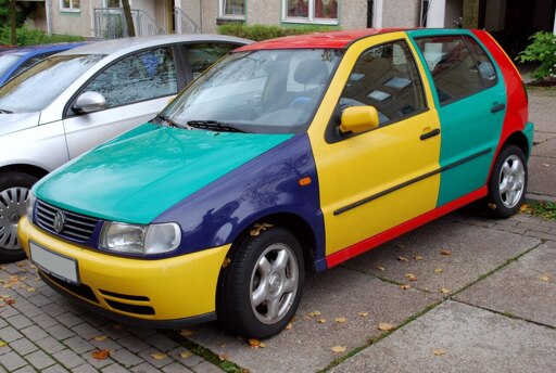 Colorful VW Polo Harlekin with every exterior car part in a different color Colorful VW Polo Harlekin with every exterior car part in a different color
