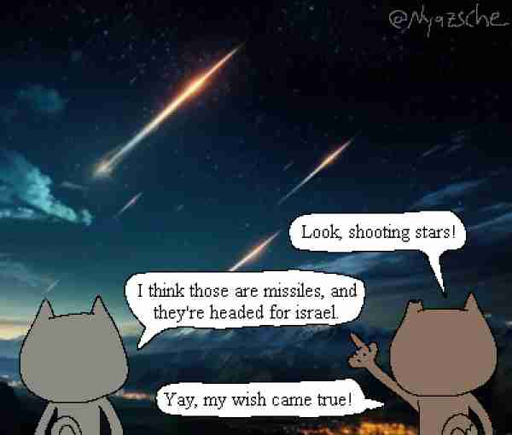 Brown Cat: "Look, Shooting stars!" Grey Cat: "I think those are missiles, and they are headed for israel" Brown Cat: "Yay, my wish came true!" :)