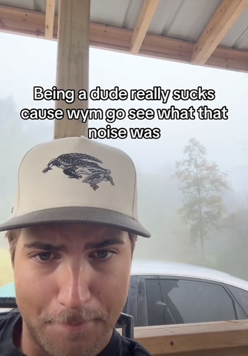 Picture of a man with the caption “Being a dude really sucks cause wym go see what that noise was”