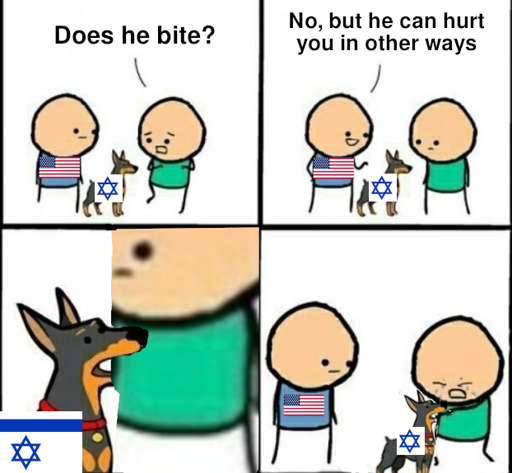 "Does he bite?" "No, but he can hurt you in other ways." The dog, wearing an Israeli flag, does bite.