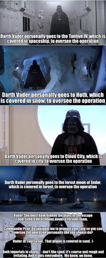 A comic featuring photos of Darth Vader with captions. Full transcription in the body.